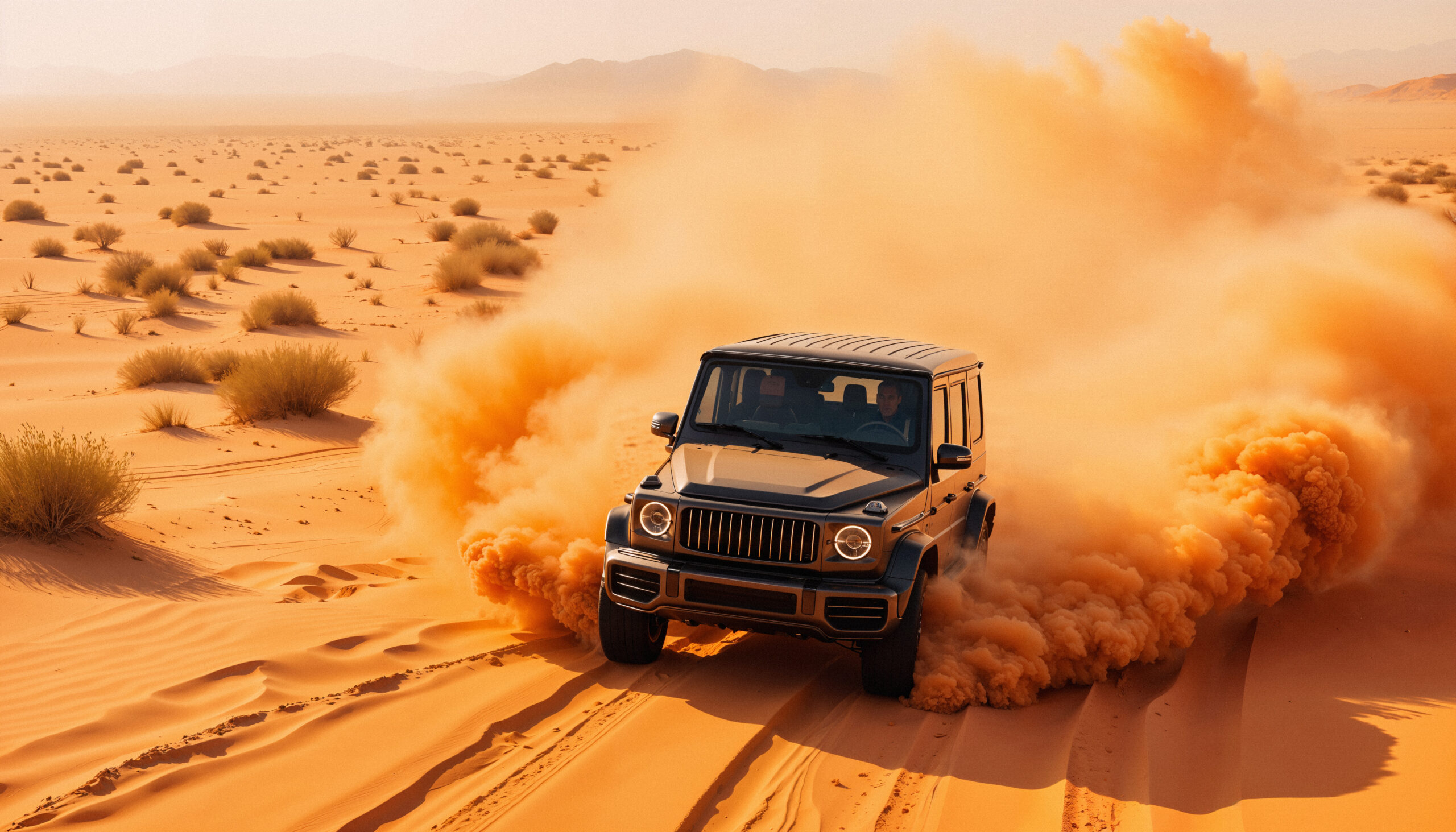 Car driving through desert sand in Dubai
